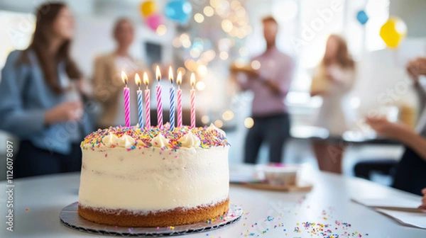 Fototapeta Birthday cake with candles on a table and in blurry background group of adults around table celebrating their friend birthday and sparks and confetti