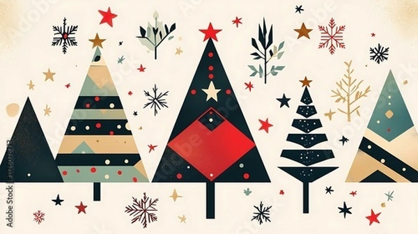 Fototapeta Modern Christmas card design featuring layered geometric patterns, minimalist typography, and festive icons like stars and trees