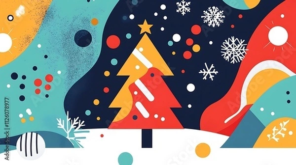 Fototapeta Modern abstract Christmas card with geometric shapes, bold colors, and festive elements like a minimalist tree and snowflakes on a clean background