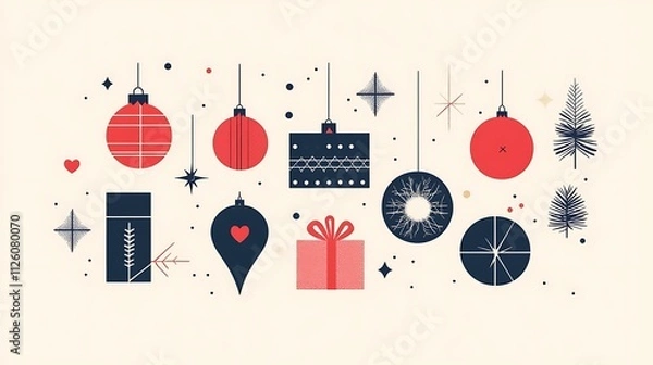 Fototapeta Sleek Christmas card design showcasing minimalist ornaments, geometric shapes, and clean typography