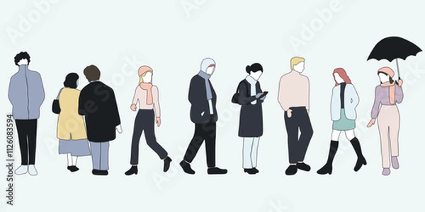 Fototapeta flat minimal people male and female vector illustration in winter clothing with outline concept isolated set collection. For architecture rendering, graphic design, info graphic, media
