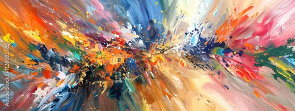 Fototapeta Vibrant abstract painting bursting with color, showcasing a dynamic blend of hues and energetic brush strokes.