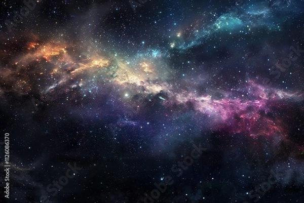 Fototapeta This captivating view features a colorful cosmic nebula filled with swirling gases and bright stars, illustrating the vast beauty of deep space in the night sky.
