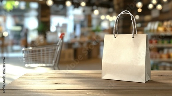 Obraz Paper Shopping Bag on Wooden Table in a Store