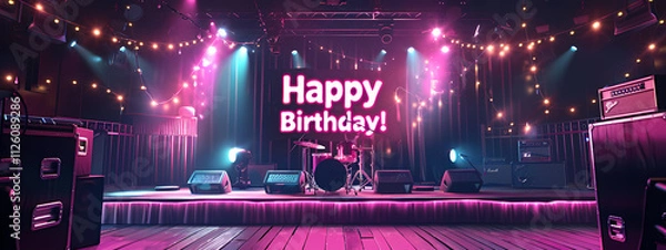 Fototapeta Vibrant stage setup with colorful lights and a 'Happy Birthday!' sign, perfect for a lively celebration atmosphere.