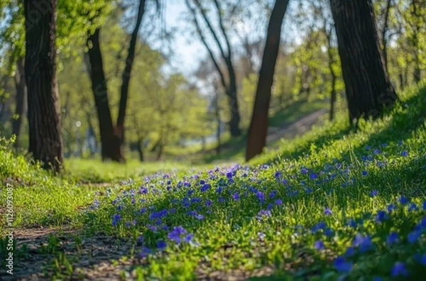 Fototapeta A Serene Pathway Surrounded by Lush Green Trees and Vibrant Blue Flowers in a Tranquil Forest Setting on a Bright Spring Day