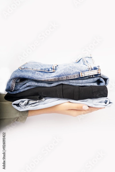 Fototapeta Pile of pants for men isolated on a white background with clipping path
