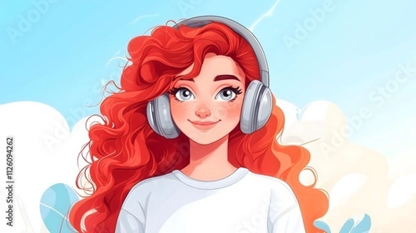Fototapeta A red-haired woman in cartoon style with curls and gray eyes smiles joyfully while wearing headphones. She enjoys her music, surrounded by a cheerful blue sky and fluffy clouds on a sunny day.