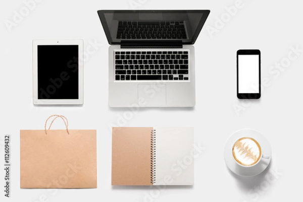 Obraz Design concept of mockup tablet, notebook, cell phone, book, cof