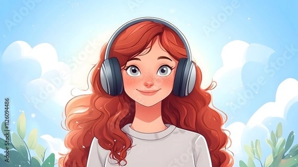 Fototapeta A red-haired woman with curly hair and gray eyes smiles happily while wearing headphones, enjoying her music in a bright outdoor setting filled with greenery and blue skies. cartoon style.