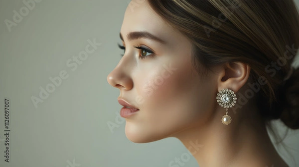 Obraz Elegant side profile of a woman showcasing a luminous complexion against a neutral backdrop