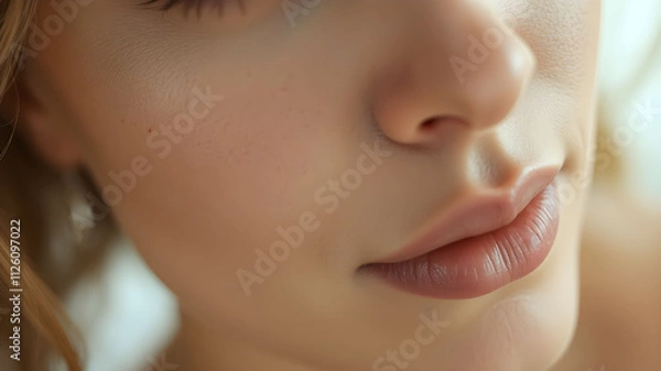 Obraz Elegant side profile of a woman showcasing a luminous complexion against a neutral backdrop