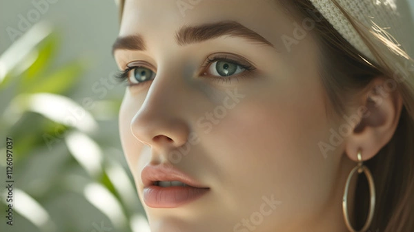 Obraz Elegant side profile of a woman showcasing a luminous complexion against a neutral backdrop