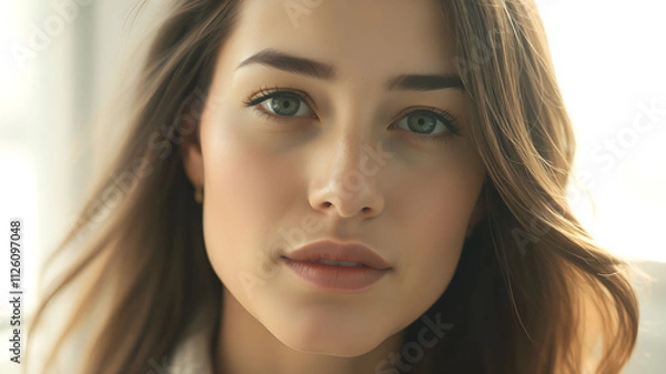 Obraz Elegant side profile of a woman showcasing a luminous complexion against a neutral backdrop