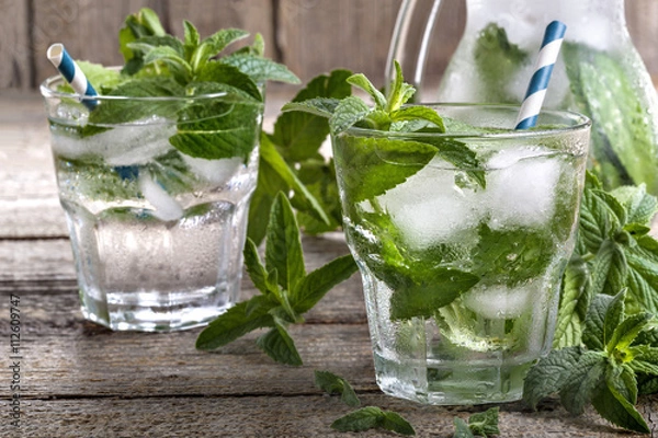 Obraz Ice water with mint leaves. Antioxidant refreshing drink