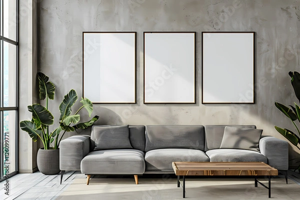Fototapeta A modern living room featuring a gray sofa, a wooden coffee table, and three empty frames on the wall, beautifully lit by natural sunlight.