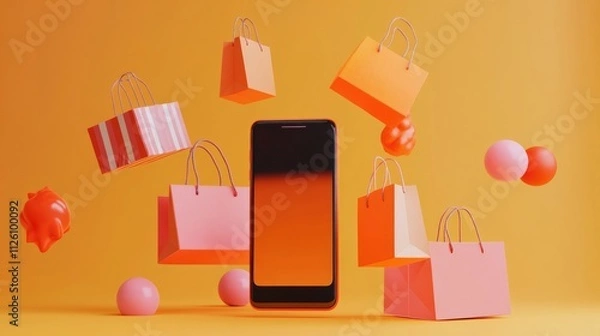 Obraz Online Shopping with a Mobile Phone and Colorful Shopping Bags