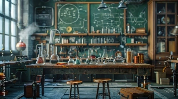 Fototapeta A vintage science laboratory filled with glassware and books, showcasing experimentation.