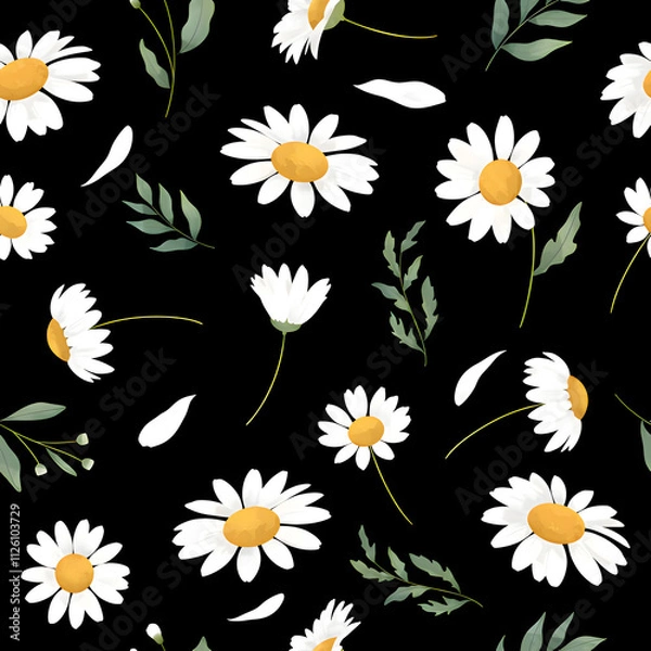 Obraz Seamless White Floral Pattern with Black Background