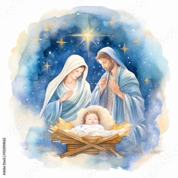 Fototapeta Watercolor depiction of a nativity scene showing Mary, Joseph and baby Jesus in a soft, glowing manger under shining stars