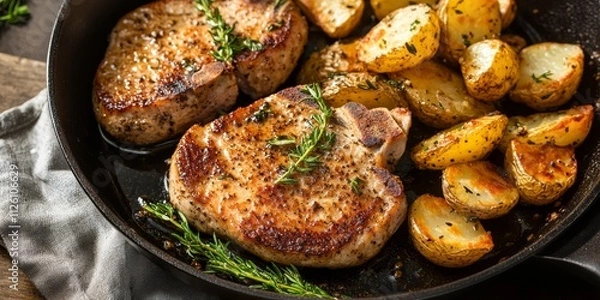 Fototapeta Pan seared pork cutlets, often referred to as pork chops, served alongside skillet fried potatoes, create a delicious and satisfying meal featuring pan seared pork cutlets as the star.