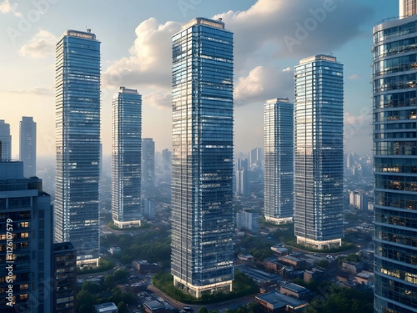 Fototapeta Modern skyline with skyscrapers illuminated at dusk in a bustling urban environment