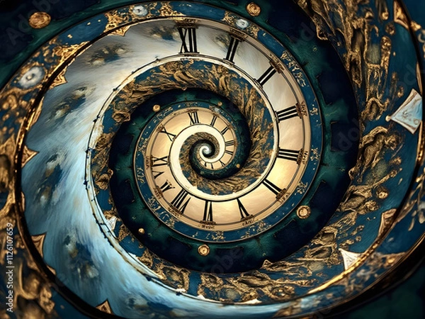 Obraz Intricate spiral staircase design showcasing ornate clock faces and vibrant colors in a captivating architectural setting