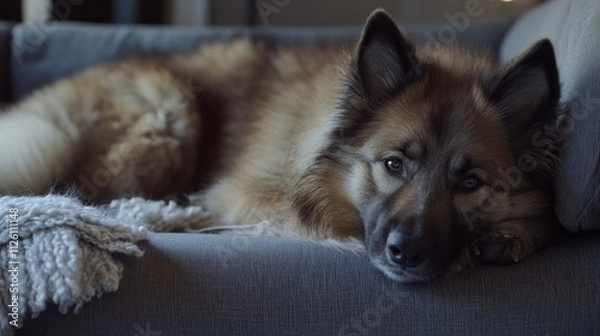 Fototapeta A relaxed dog lying on a couch, looking thoughtfully at the camera.