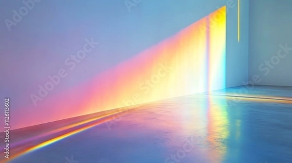 Fototapeta Crystal prism refracting vibrant rainbow light onto a smooth white wall with a soft gradient