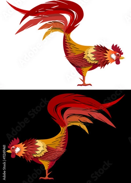 Obraz Fiery rooster image. Symbol of 2017 by the Chinese calendar. Image of aggressive rooster in red yellow colors on white and black background