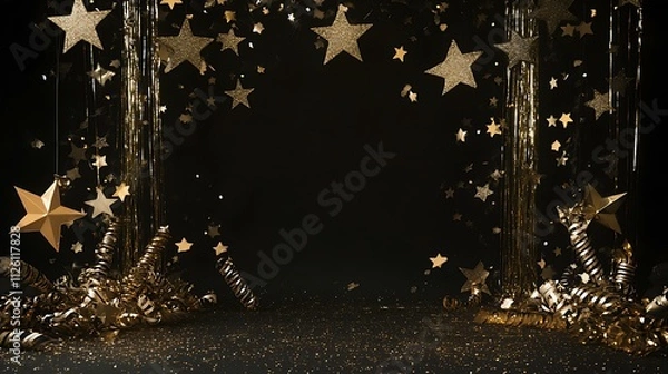 Obraz Gold glitter stars and streamers framing a celebratory corner with noisemakers and decorations on a black background for New Year's Eve