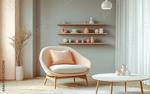 Fototapeta Minimalist living room interior with pastel armchair, shelves, and decor.