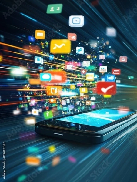 Fototapeta A smartphone emits colorful icons representing social media notifications, showcasing the rapid flow of information online in a modern context. Generative AI