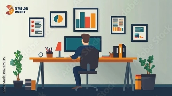 Fototapeta Employee Working in Modern Office with Flat Design Elements
