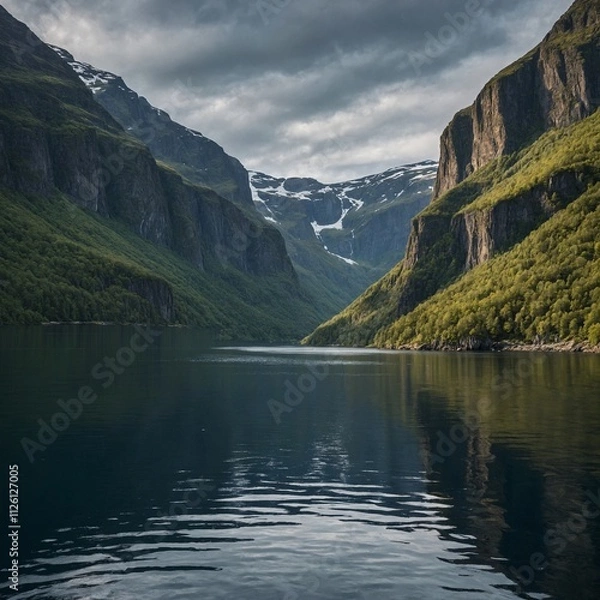 Fototapeta A tranquil fjord surrounded by towering cliffs.