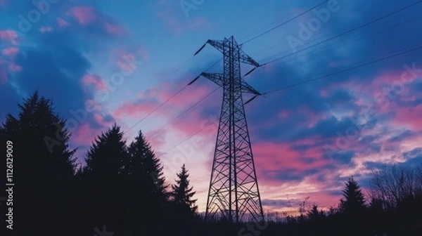 Fototapeta Silhouettes of Trees and a Power Line Against a Dramatic Sunset Sky