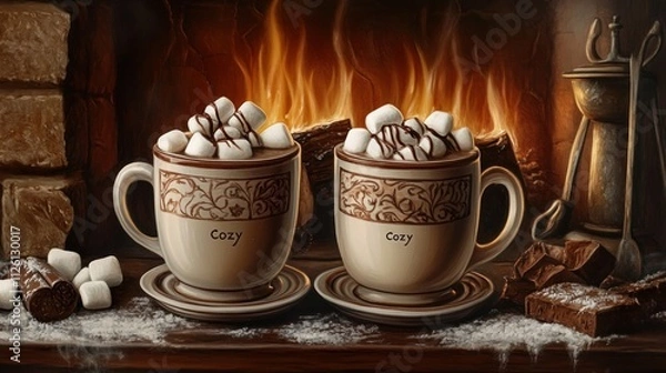 Fototapeta Two cozy cups of hot chocolate topped with marshmallows, set by a warm fireplace.