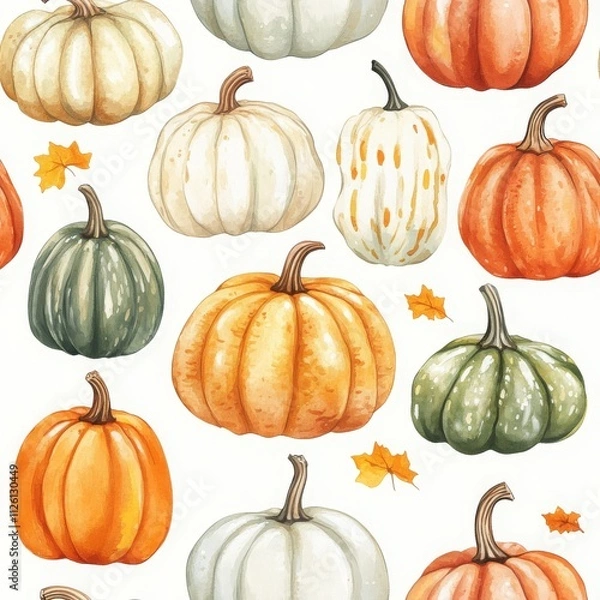 Fototapeta Whimsical Watercolor Pumpkins and Fall Leaves