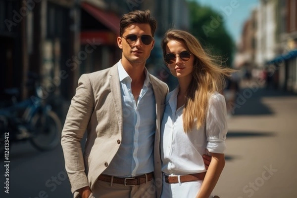 Obraz A man and a woman are standing on a sidewalk, both wearing suits and sunglasses