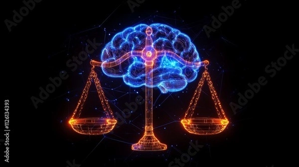 Fototapeta Glowing brain with scale, futuristic neon justice, AI technology, legal balance art, high-tech law concept