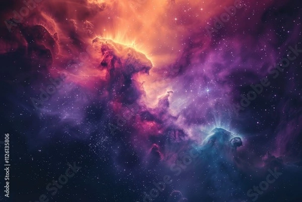 Fototapeta Colorful clouds of gas and dust swirl together, illuminated by the light of distant stars, creating a mesmerizing nebula that showcases the beauty of space.