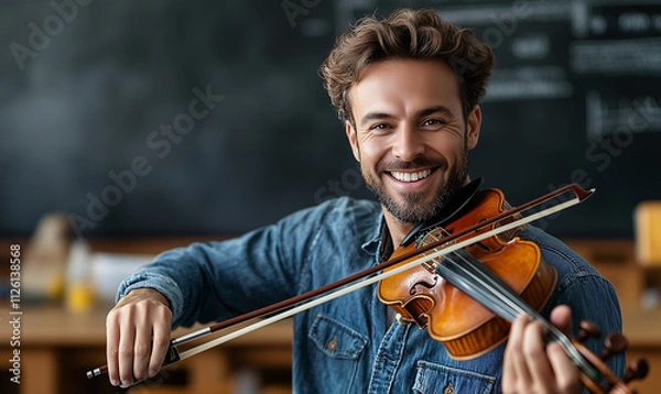 Fototapeta Photo of a man playing the violin in a room