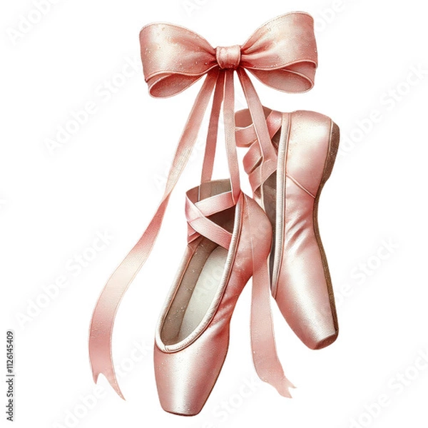 Obraz Elegant Ballet Shoes with Pink Ribbon Bow - Perfect Holiday Art. Charming ballet shoes tied with a soft pink ribbon bow, ideal for Christmas decor, seasonal designs, or elegant gift wrapping themes.