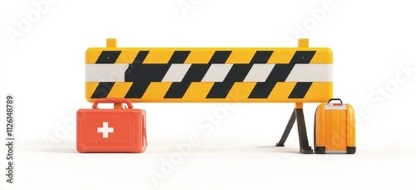Fototapeta A construction barrier with a first aid kit and two suitcases, indicating travel safety.