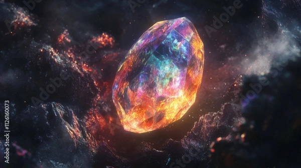Fototapeta vibrant, iridescent crystal glows amidst dark, cosmic background, showcasing spectrum of colors that evoke sense of wonder and mystery