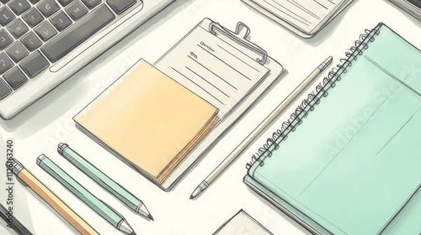 Fototapeta A workspace scene featuring stationery items for organization and note-taking.