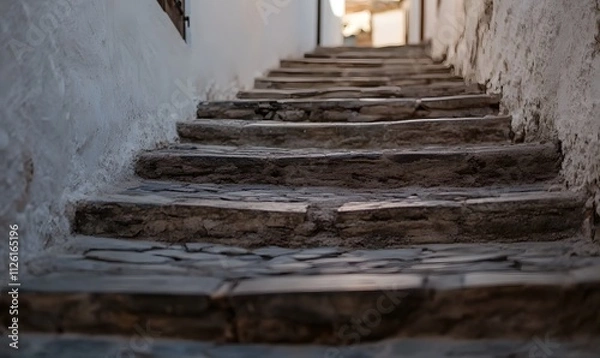 Fototapeta Typical street in town with cobblestone floor and stairs, Generative AI 