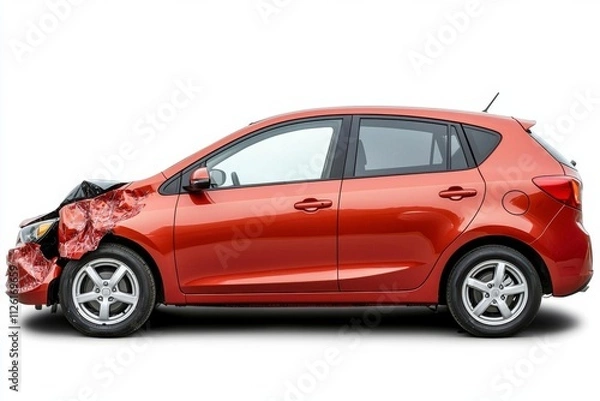 Fototapeta red car hatchback with a dent after an accident , isolated on white background,  , copy space, copy space for text,