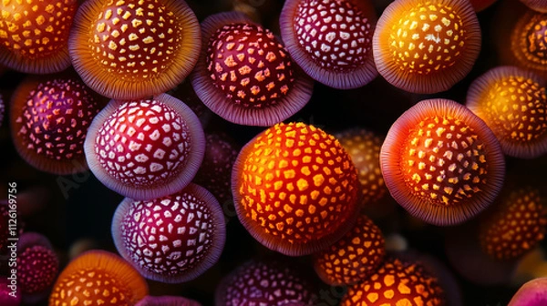 Fototapeta Top view of an extreme close-up photograph of highly detailed brown and orange mushrooms growing in dense clusters.  Made by AI
