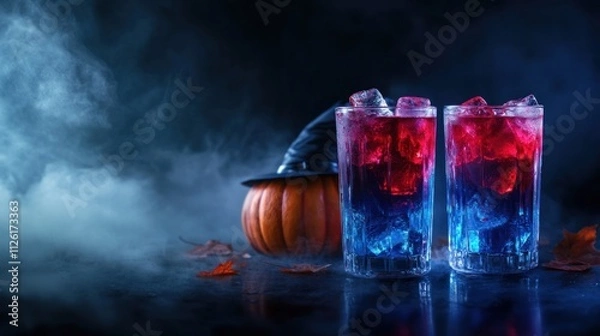 Fototapeta Two colorful drinks with ice, set against a Halloween-themed backdrop with a pumpkin.